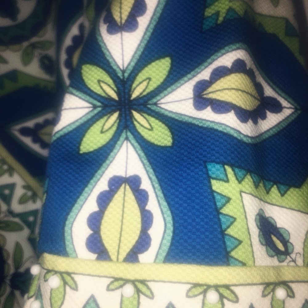 Chico's Jacket Women's Sz 12 Teal Chartreuse Royal Blue Flare 3/4 Sleeves Tribal - Picture 5 of 7